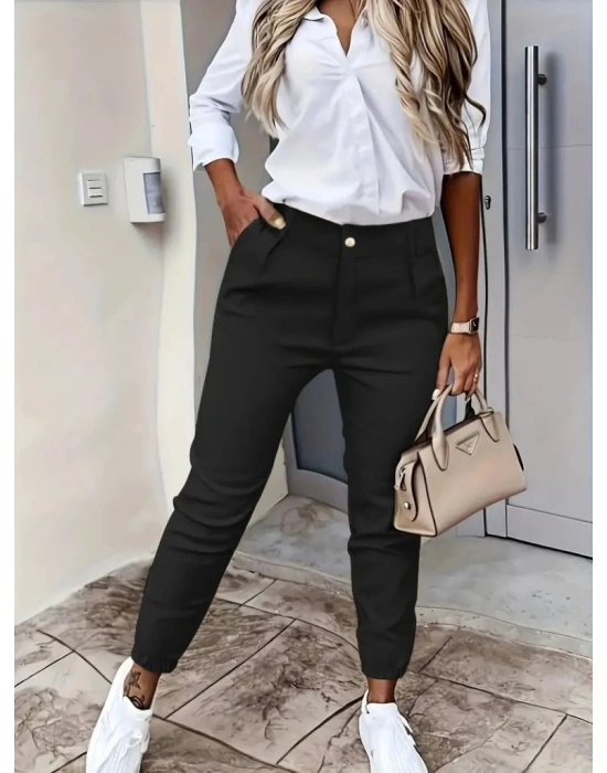 Kadın Yüksek Bel önden Düğmeli Cepli Bilek Lastik Detay Atlas Pantolon