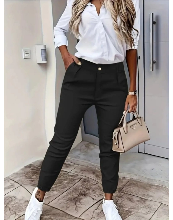 Kadın Yüksek Bel önden Düğmeli Cepli Bilek Lastik Detay Atlas Pantolon