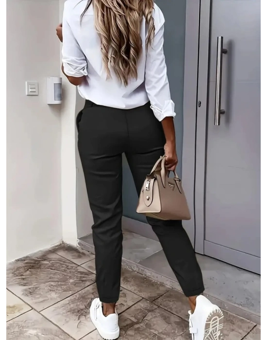 Kadın Yüksek Bel önden Düğmeli Cepli Bilek Lastik Detay Atlas Pantolon