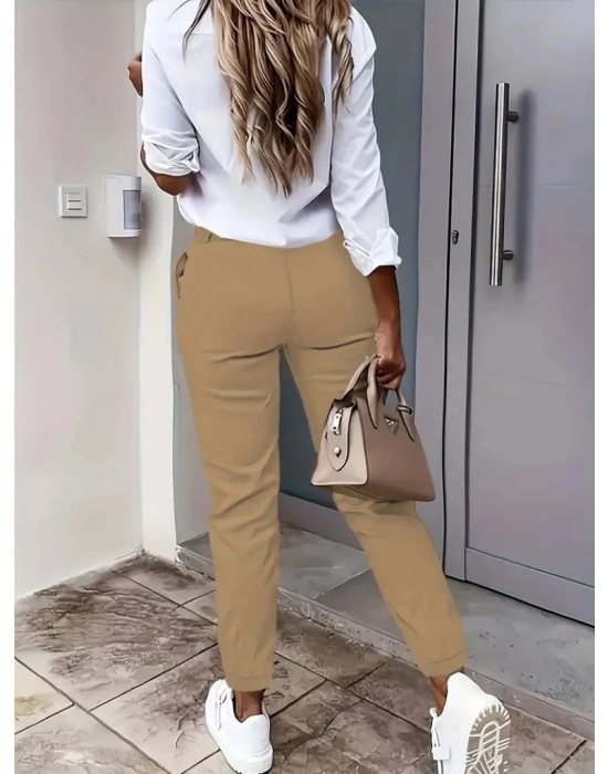 Kadın Yüksek Bel önden Düğmeli Cepli Bilek Lastik Detay Atlas Pantolon