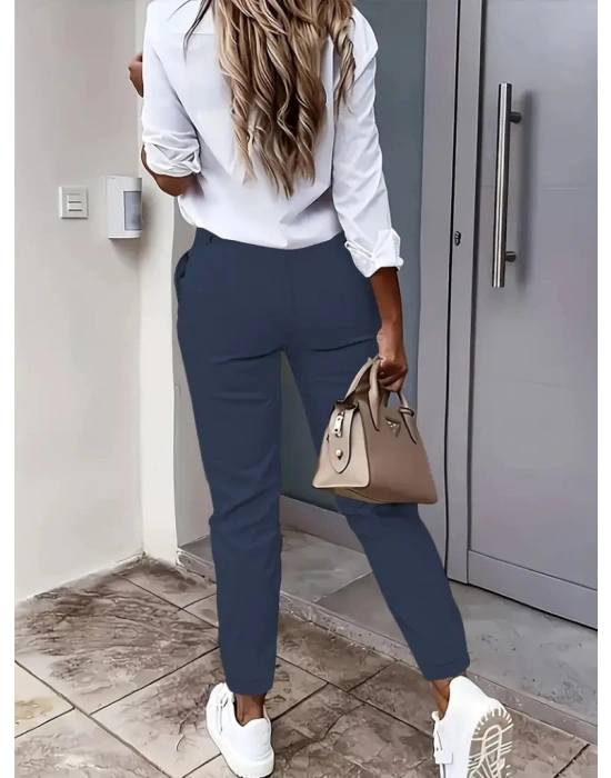 Kadın Yüksek Bel önden Düğmeli Cepli Bilek Lastik Detay Atlas Pantolon