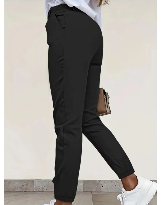 Kadın Yüksek Bel önden Düğmeli Cepli Bilek Lastik Detay Atlas Pantolon