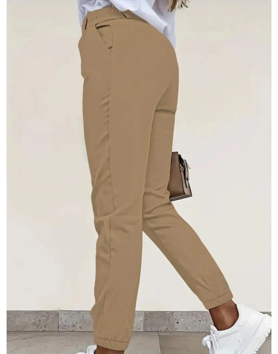 Kadın Yüksek Bel önden Düğmeli Cepli Bilek Lastik Detay Atlas Pantolon