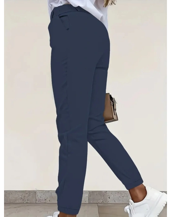 Kadın Yüksek Bel önden Düğmeli Cepli Bilek Lastik Detay Atlas Pantolon