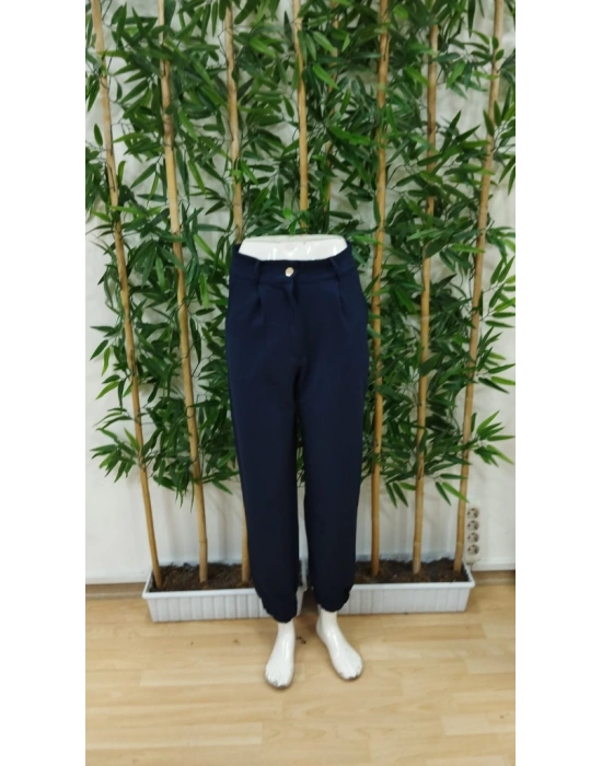 Kadın Yüksek Bel önden Düğmeli Cepli Bilek Lastik Detay Atlas Pantolon