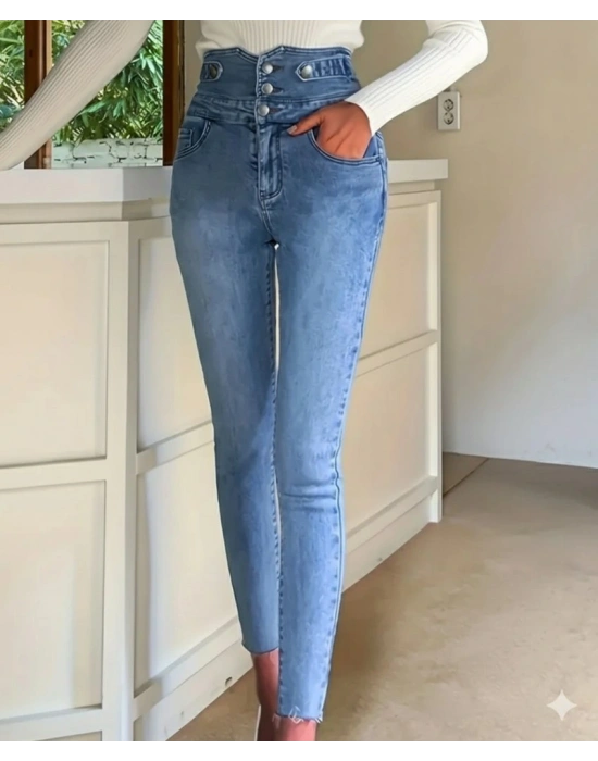 Kadın Yüksek Bel önden Düğmeli Cepli Dar Kesim Detaylı Kot Pantolon