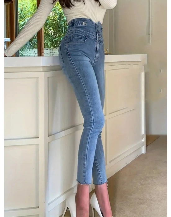 Kadın Yüksek Bel önden Düğmeli Cepli Dar Kesim Detaylı Kot Pantolon