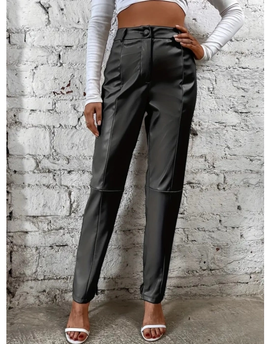 Kadın Yüksek Bel önden Düğmeli Deri Pantolon