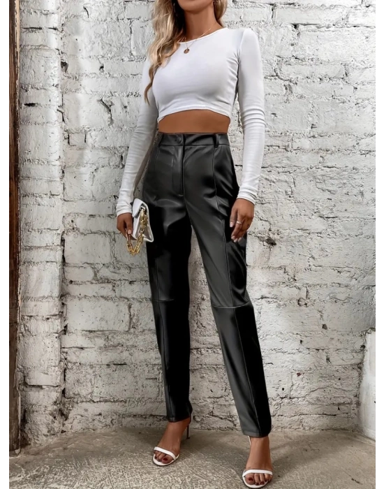 Kadın Yüksek Bel önden Düğmeli Deri Pantolon
