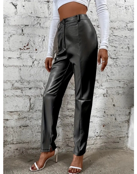 Kadın Yüksek Bel önden Düğmeli Deri Pantolon