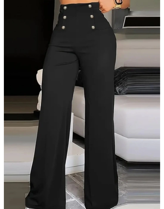 Kadın Yüksek Bel önden Düğmeli Uzun Paçaya Doğru Geniş Ithal Krep Pantolon