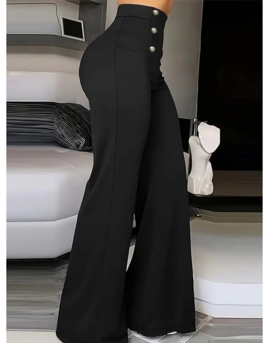 Kadın Yüksek Bel önden Düğmeli Uzun Paçaya Doğru Geniş Ithal Krep Pantolon