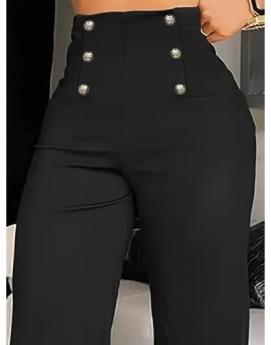 Kadın Yüksek Bel önden Düğmeli Uzun Paçaya Doğru Geniş Ithal Krep Pantolon