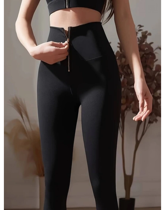 Kadın Yüksek Bel önden Fermuarlı Spor Dalgıç Tayt