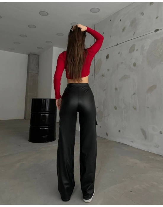 Kadın Yüksek Bel önden Fermuarlı Yandan Cep Detaylı Deri Kargo Pantolon