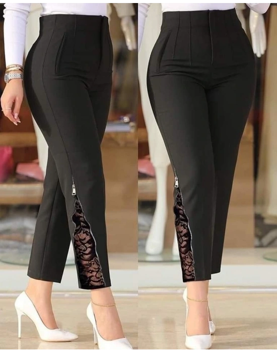 Kadın Yüksek Bel önden Nervürlü Ve Fermuarlı Yandan Dantelli Ithal Krep Pantolon