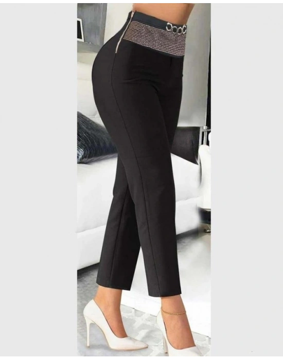Kadın Yüksek Bel önden Taşlı Ve Tokalı Ithal Krep Pantolon
