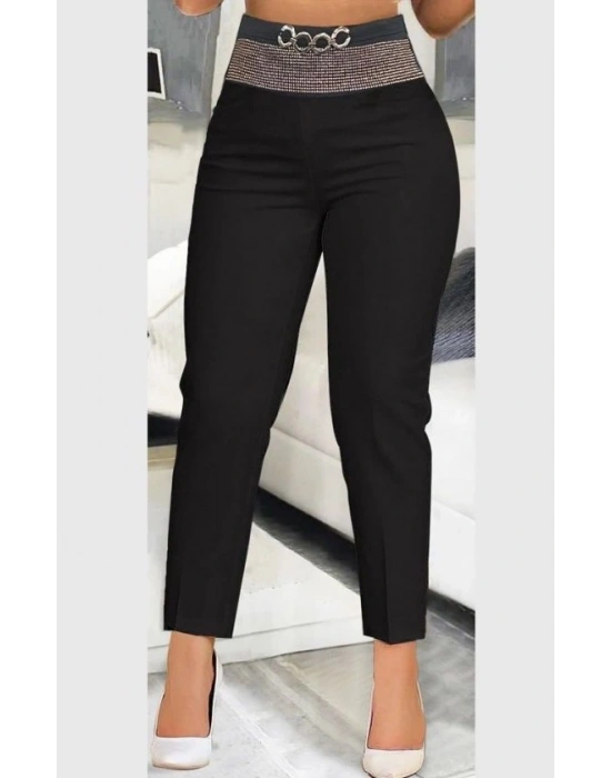 Kadın Yüksek Bel önden Taşlı Ve Tokalı Ithal Krep Pantolon