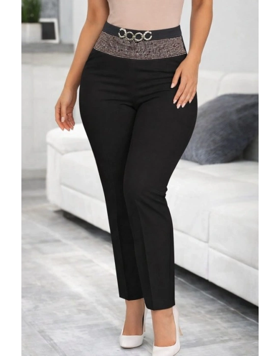 Kadın Yüksek Bel önden Taşlı Ve Tokalı Ithal Krep Pantolon