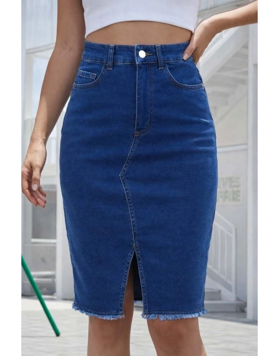 Kadın Yüksek Bel önden Yırtmaçlı Kısa Kot Etek