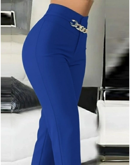 Kadın Yüksek Bel önden Zincir Detaylı Ithal Krep Pantolon
