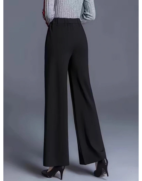 Kadın Yüksek Bel önü Nervürlü Paçaya Doğru Geniş Ithal Krep Pantolon