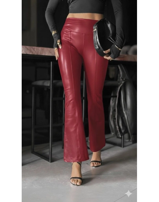 Kadın Yüksek Bel Paçaya Doğru Geniş Deri Pantolon