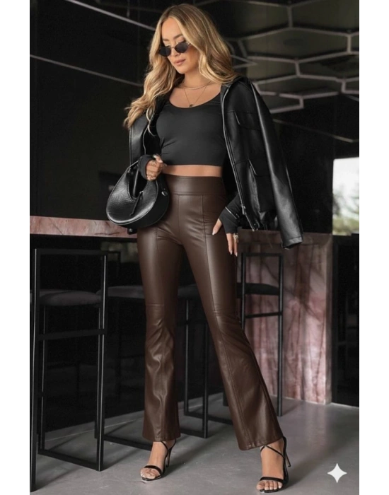 Kadın Yüksek Bel Paçaya Doğru Geniş Deri Pantolon