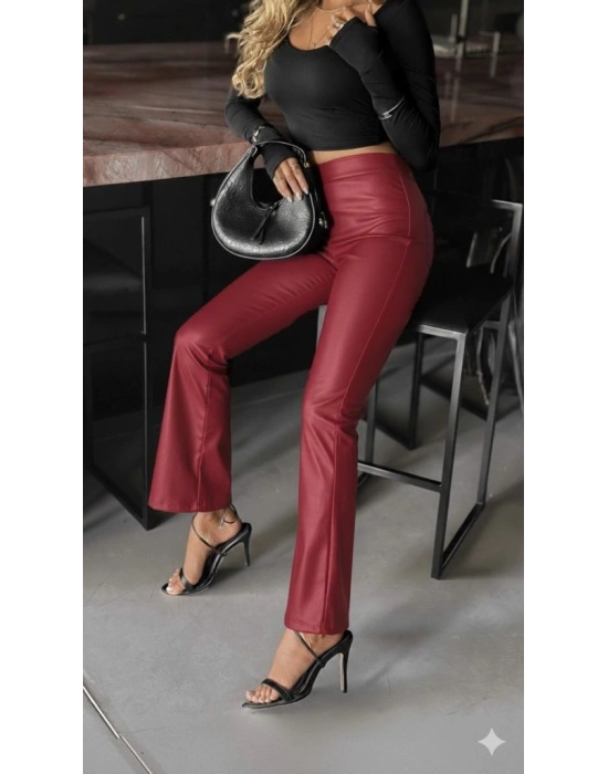 Kadın Yüksek Bel Paçaya Doğru Geniş Deri Pantolon