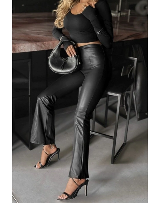 Kadın Yüksek Bel Paçaya Doğru Geniş Deri Pantolon