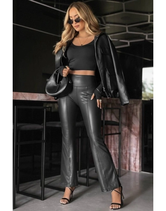 Kadın Yüksek Bel Paçaya Doğru Geniş Deri Pantolon