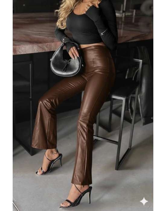 Kadın Yüksek Bel Paçaya Doğru Geniş Deri Pantolon