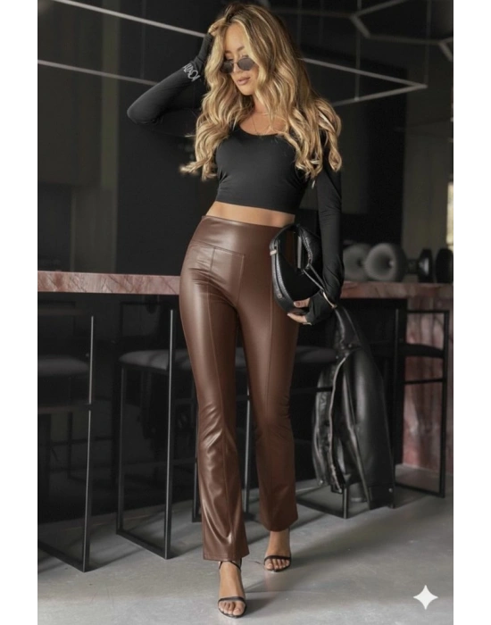 Kadın Yüksek Bel Paçaya Doğru Geniş Deri Pantolon