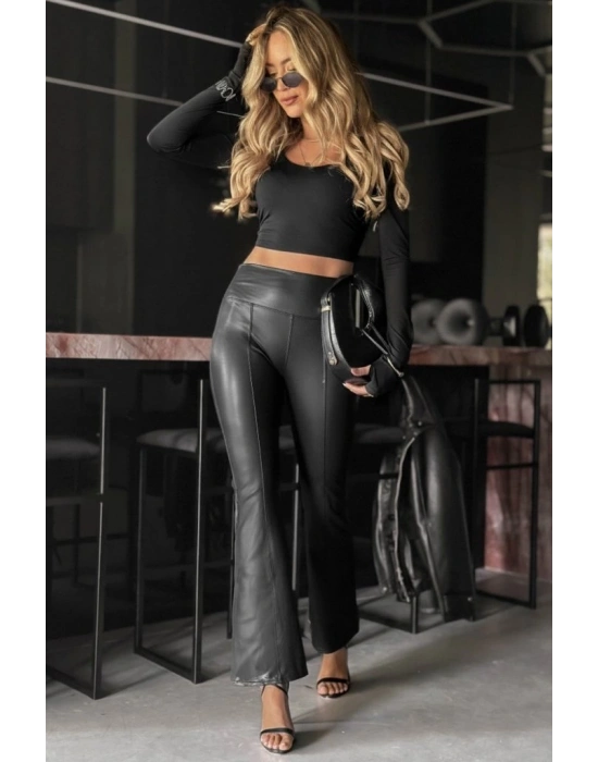 Kadın Yüksek Bel Paçaya Doğru Geniş Deri Pantolon