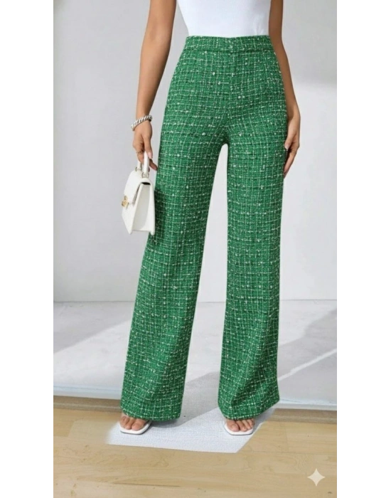 Kadın Yüksek Bel Paçaya Doğru Geniş Dokuma Pantolon