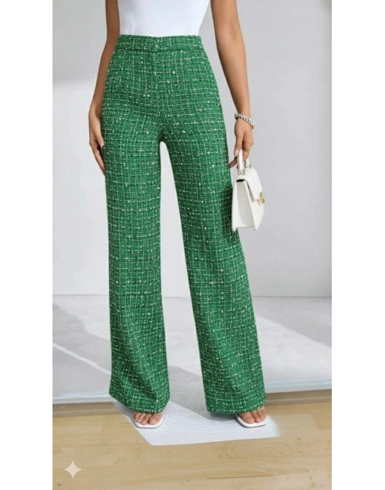 Kadın Yüksek Bel Paçaya Doğru Geniş Dokuma Pantolon