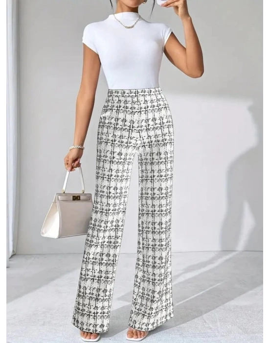 Kadın Yüksek Bel Paçaya Doğru Geniş Dokuma Pantolon