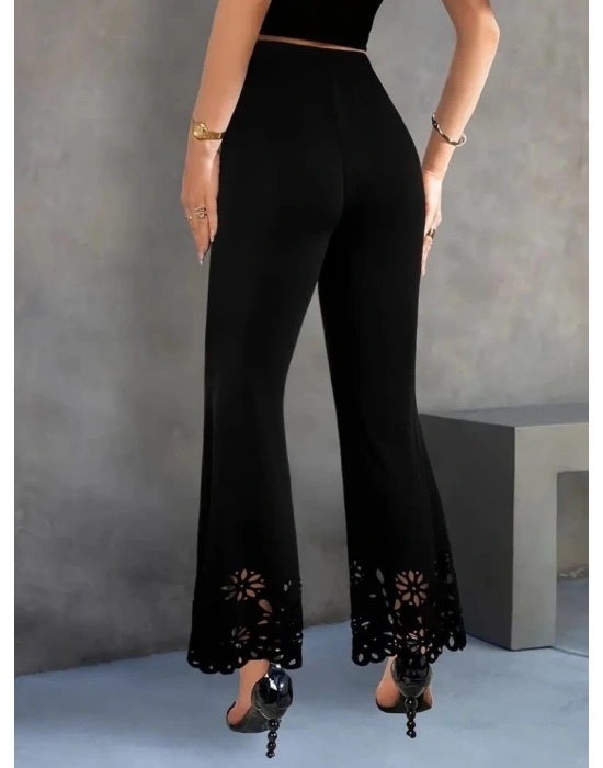 Kadın Yüksek Bel Paçaya Doğru Genişleyen Lazer çiçek Kesim Detaylı Ithal Krep Pantolon