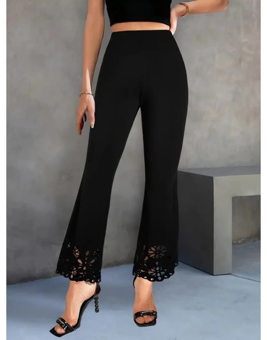 Kadın Yüksek Bel Paçaya Doğru Genişleyen Lazer çiçek Kesim Detaylı Ithal Krep Pantolon