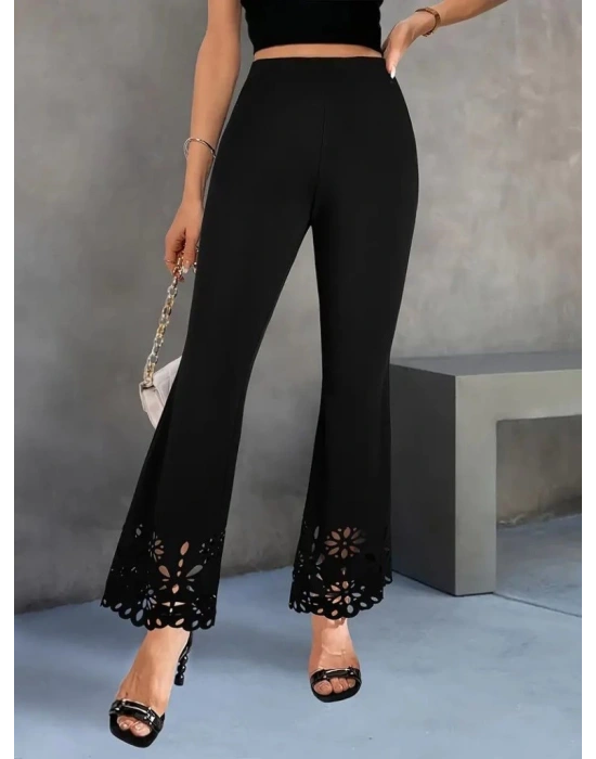Kadın Yüksek Bel Paçaya Doğru Genişleyen Lazer çiçek Kesim Detaylı Ithal Krep Pantolon