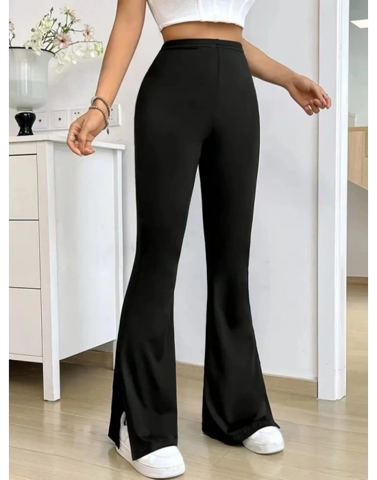 Kadın Yüksek Bel Paçaya Doğru Genişleyen Yandan Yırtmaçlı Dalgıç Pantolon