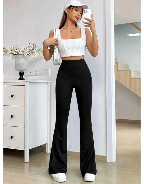 Kadın Yüksek Bel Paçaya Doğru Genişleyen Yandan Yırtmaçlı Dalgıç Pantolon