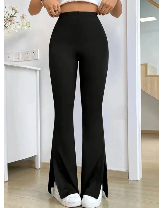 Kadın Yüksek Bel Paçaya Doğru Genişleyen Yandan Yırtmaçlı Dalgıç Pantolon