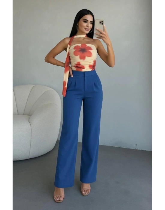 Kadın Yüksek Bel Plise Detay Bol Paça Pantolon