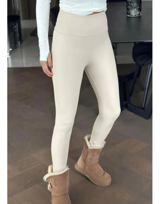 Kadın Yüksek Bel şardonlu Full Likralı Mat Deri Tayt