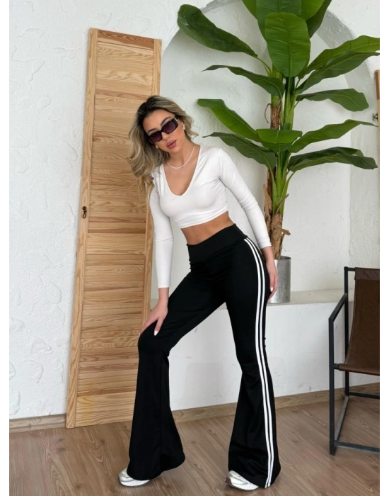 Kadın Yüksek Bel şerit Detaylı Ispanyol Paçalı Dalgıç Pantolon