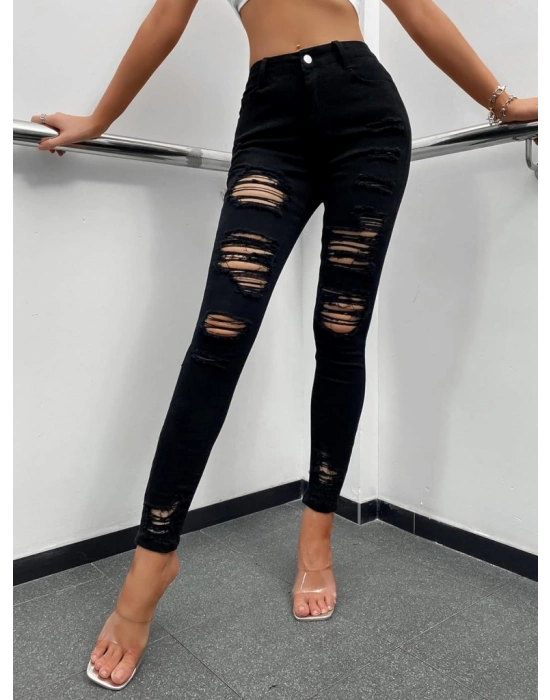 Kadın Yüksek Bel Slim Fit Lazer Kesim Yırtık Pantolon