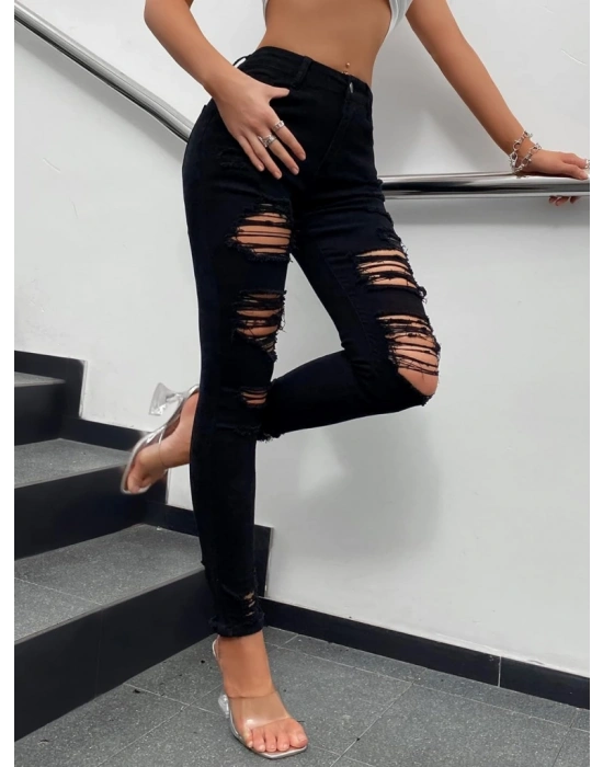 Kadın Yüksek Bel Slim Fit Lazer Kesim Yırtık Pantolon