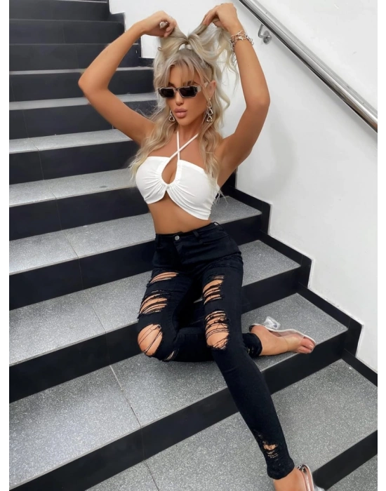 Kadın Yüksek Bel Slim Fit Lazer Kesim Yırtık Pantolon