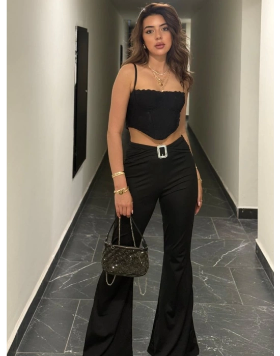 Kadın Yüksek Bel Tokalı Ispanyol Paçalı Dalgıç Pantolon